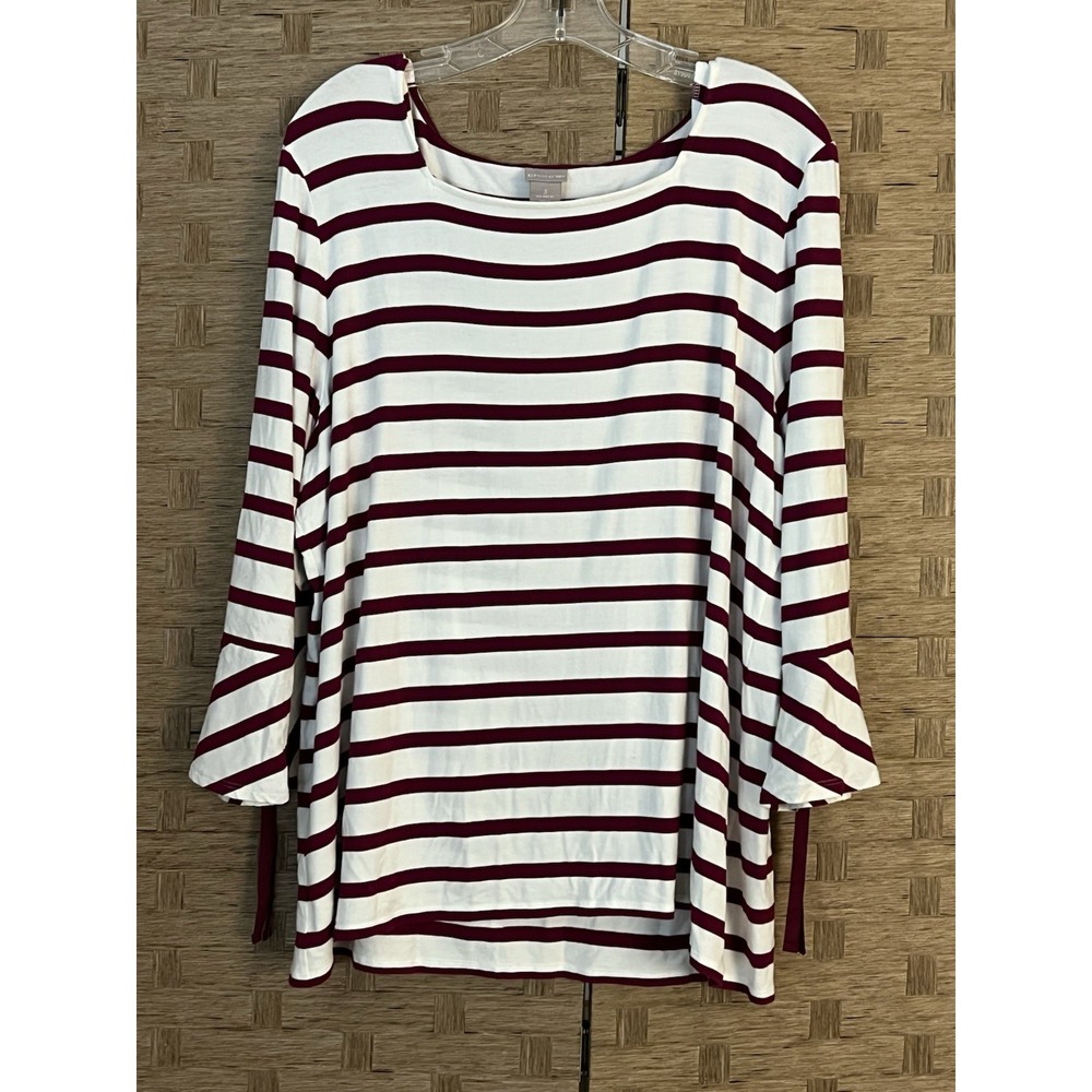 Chicos Knit Top 3/4 Bell Sleeves White w/ Marion Stripes Women's Sz 3 = XL 16